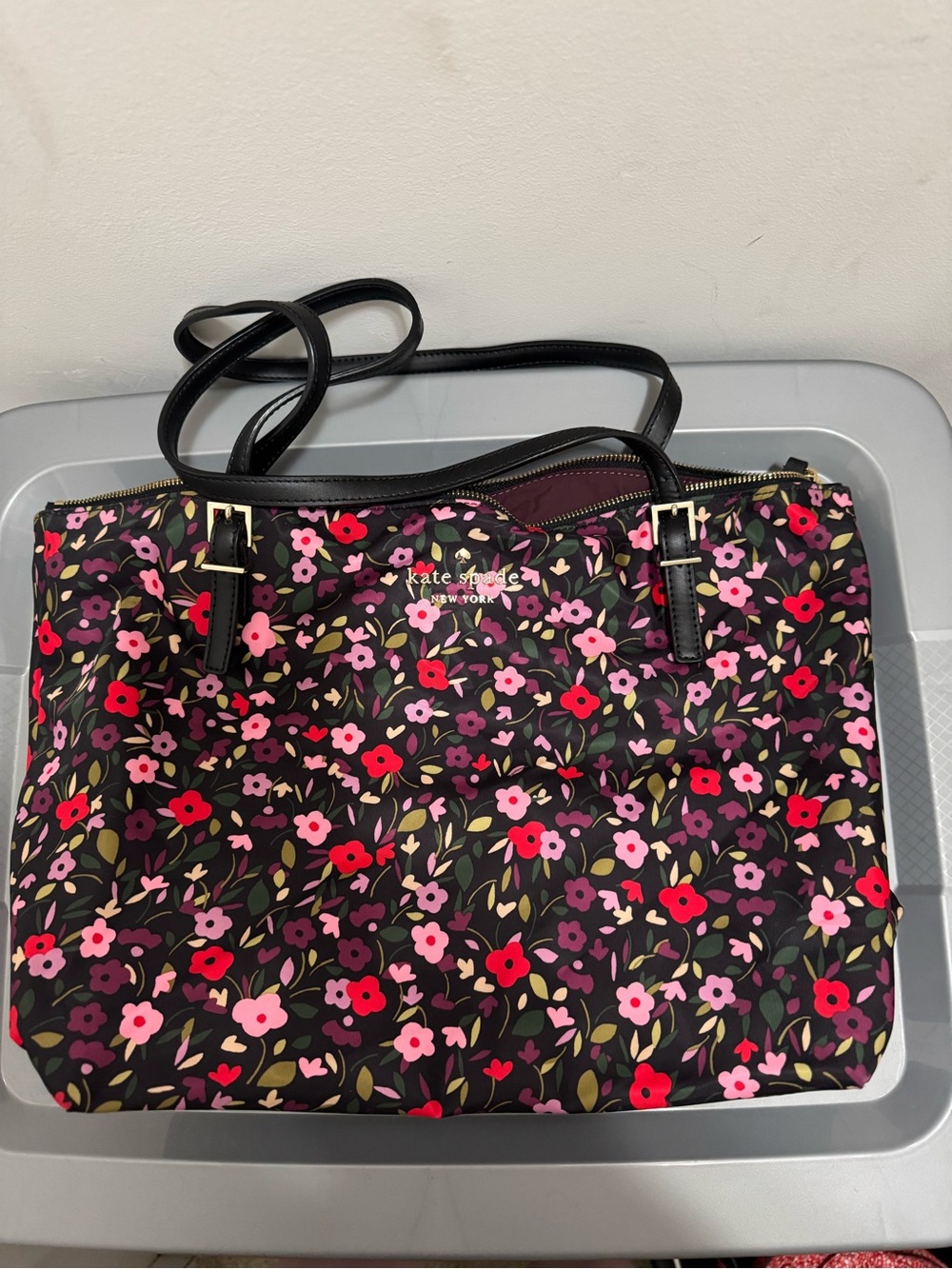 kate spade Black Floral Tote with Pink & Red Flowers